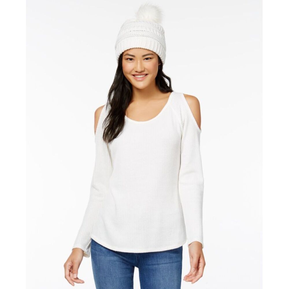 Self E Juniors Waffle Knit Cold Shoulder Top Faux Fur Trimmed Beanie